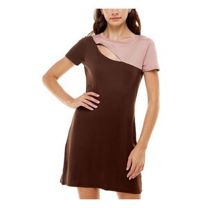 ULTRA FLIRT Womens Brown Unlined Short Sleeve Crew Neck Short Body Con Dress L